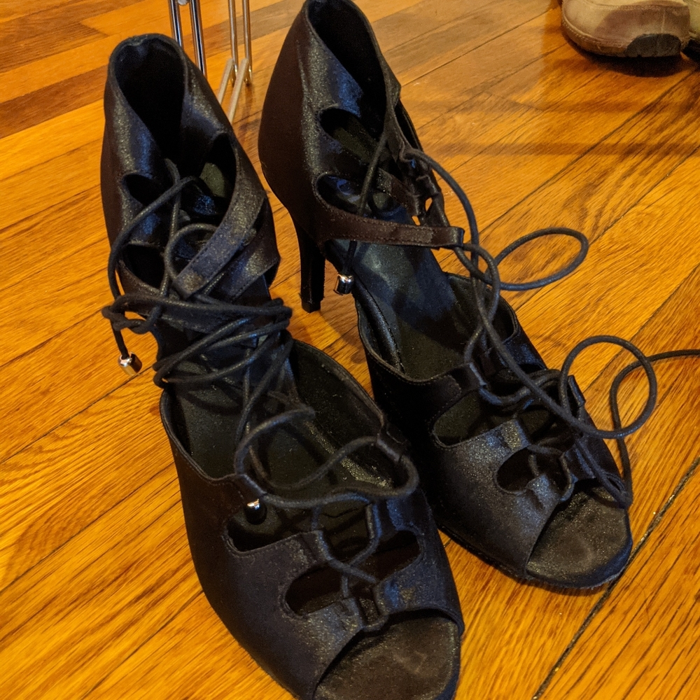 Swede bottom black dance heels (stiletto, 3.75).